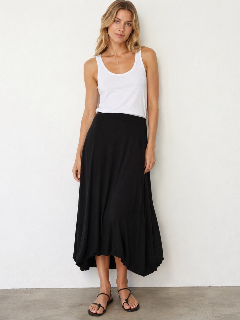 Eileen Fisher Stretch Black Flowing Midi Skirt Minimalist Shark Bite